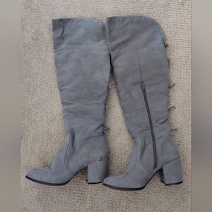 Charming Charlie Tall Bow Back Detail Grey Suede Heeled Boots